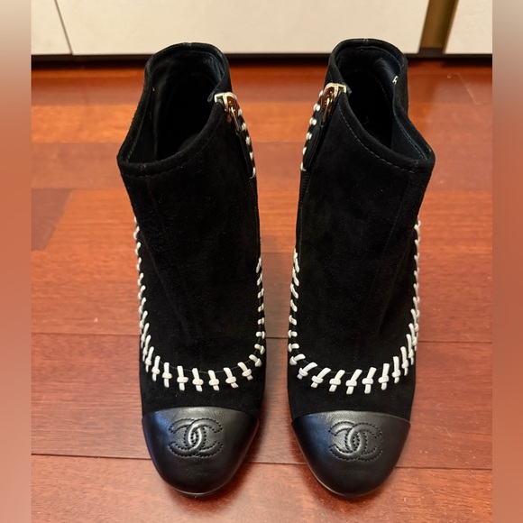 CHANEL Black Suede Ankle Boots with White Stitching - Picture 1 of 10